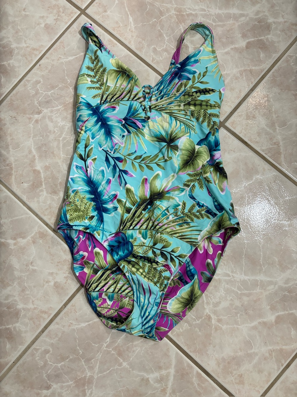 Tropical Reversible Leaf One-Piece Swimsuit in Aqua